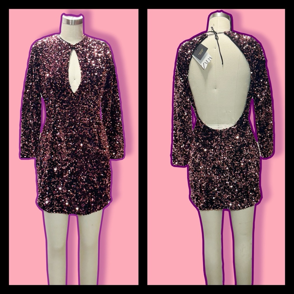 NWT Zara wine color richly sequined dress M long sleeve key hole front open back